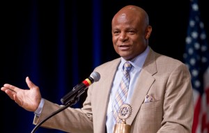 National Football League Hall of Famer Warren Moon speaks at the Pillars of America speaker series at Centennial Hall on Wednesday.