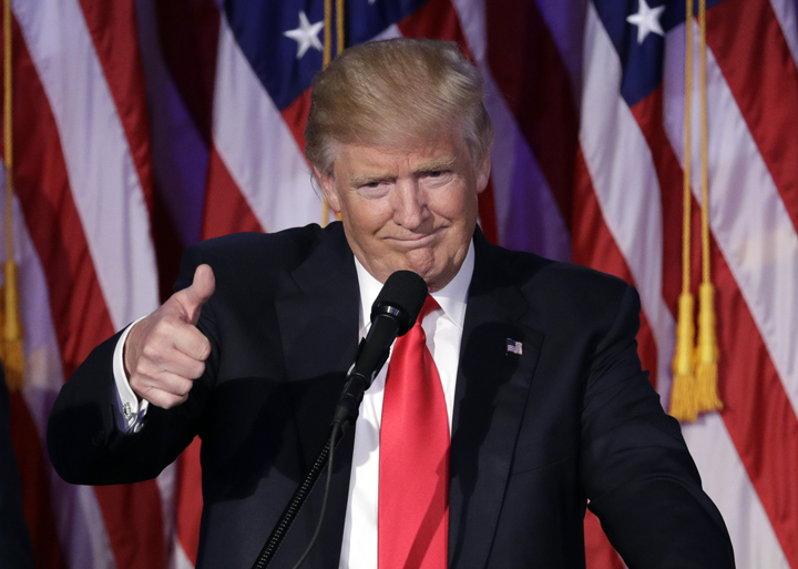 President-elect Donald Trump gives his acceptance speech during his election night rally, Wednesday in New York.