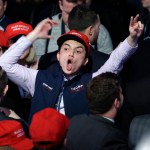 Supporters of Republican presidential candidate Donald Trump react as they watch the election results during Trump's election night rally Tuesday in New York.
