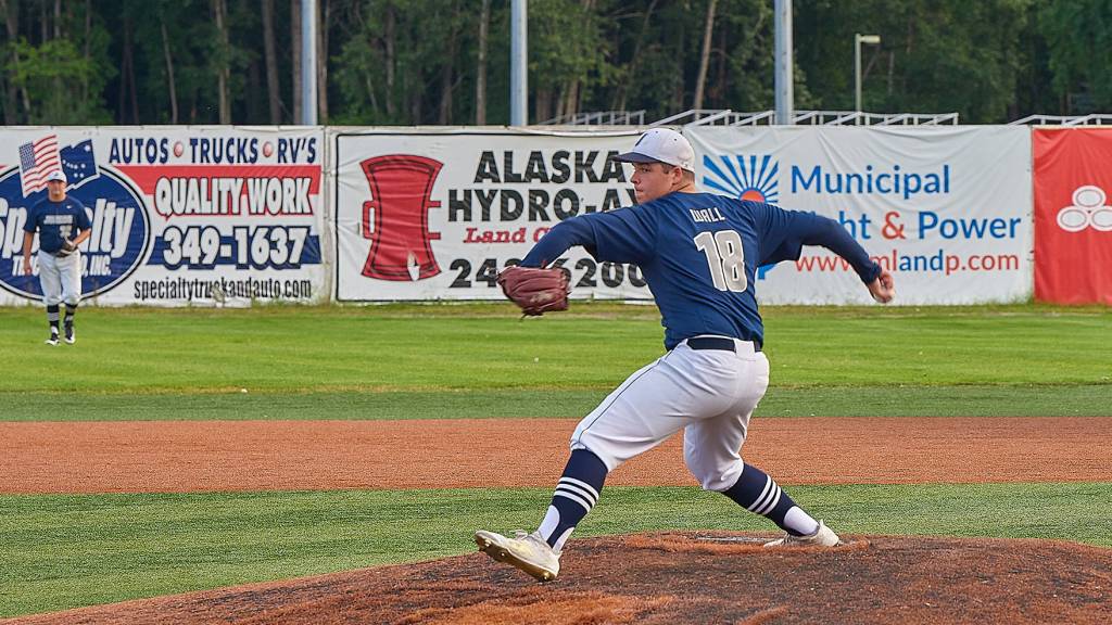 Juneau Post 25 pitcher Philip Wall pitches in the American Legion state championship game against Dimond Post 21 on Tuesday at Mulcahy Stadium in Anchorage. Wall was named the tournaments most valuable player. (Courtesy Photo | Jeremy Ludeman)
