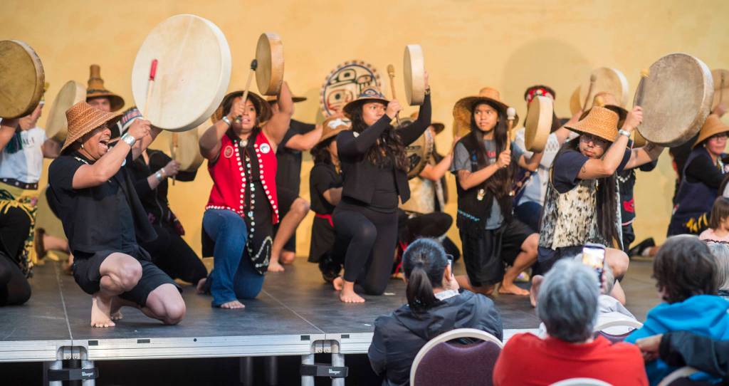 The Woosh.ji.een Dance Group, lead by Lyle James, left, performs at the Juneau Arts & Culture Center during First Friday. (Michael Penn | Capital City Weekly)