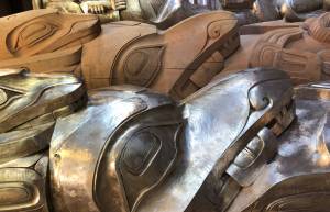 <span class='IDappliedStyle' title='InDesign: Demi'>Preston Singletary via Sealaska Heritage Institute</span> | courtesy photo                                A portion of the bronze and wooden house posts by TJ Young.