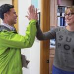Norton Gregory gives Carole Triem a high-five as he arrives at City Hall to resign from his Assembly seat to run for mayor on Monday, August 13, 2018. Triem was waiting for Gregory to resign so she could file to run for his areawide seat. The Candidate Filing Period for the Oct. 2 Municipal Election closed Monday. (Michael Penn | Juneau Empire)