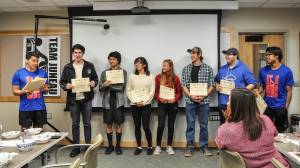 Team Juneau, a newly formed Native Youth Olympics team, recently talked about their journey to the Native Youth Olympics Games and World Eskimo Indian Olympics and showcased some games in which they competed during a lunch hosted by Sealaska Heritage Institute on Friday. The team, coached by Kaytlynne Lewis and Kyle Worl, was the first to represent Juneau at the NYO Games in nearly 30 years. (Left to right): Coach Kyle Worl, Josh Sheakley, Bryan Johnson, Sara Steeves, Skylar Tuckwood, Joe Dundore, Derrick Roberts. (Courtesy Photo | Sealaska Heritage Institute via Lyndsey Brollini)
