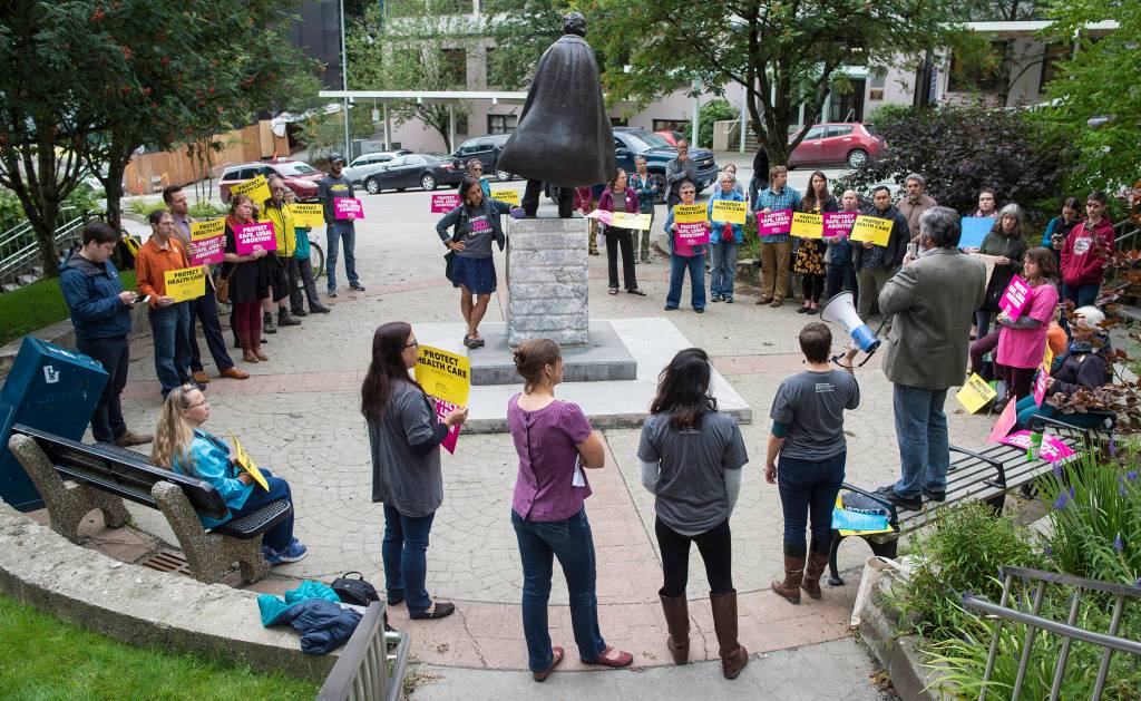 Abortion rights supporters gather in the Dimond Courthouse Plaza on Wednesday, August 15, 2018, to speak against President Donald Trumps selection of Judge Brett Kavanaugh to become an Associate Justice of the Supreme Court of the United States. (Michael Penn | Juneau Empire)
