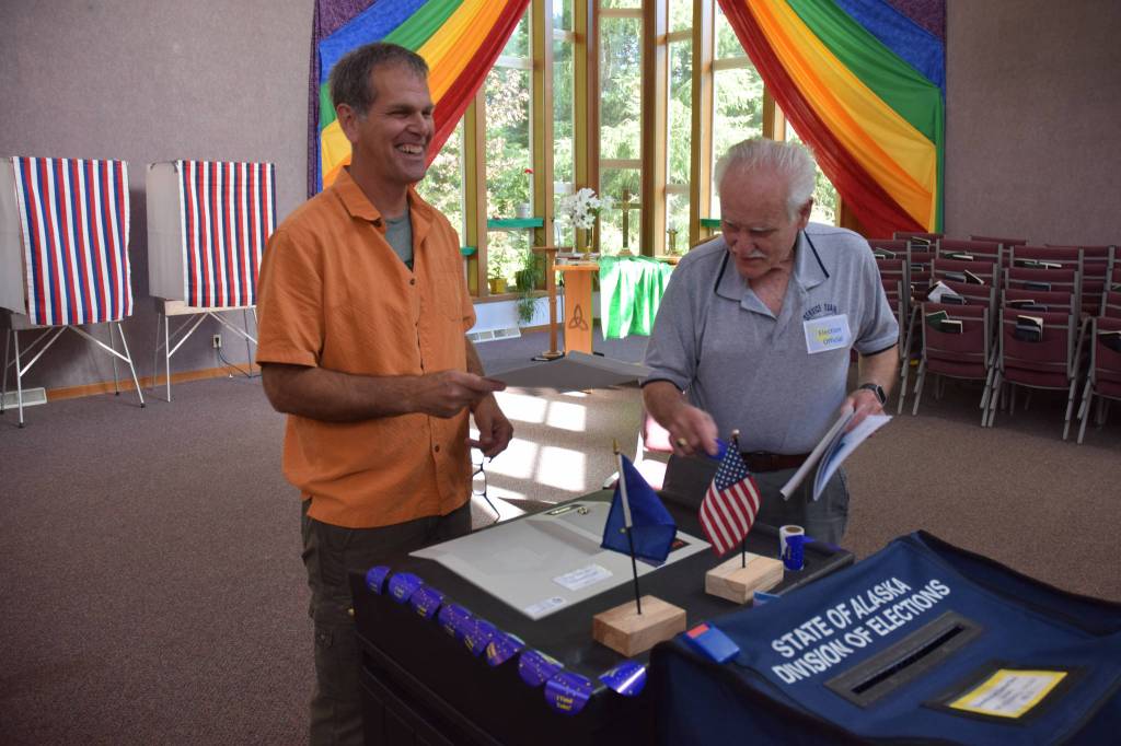 Jerry Nankervis, Republican candidate for House District 34, smiles after casting his ballot on Tuesday, Aug. 21, 2018 in Alaskas statewide primary election. (James Brooks | Juneau Empire)