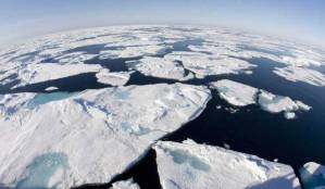This July 10, 2008 photo made with a fisheye lens shows ice floes in Baffin Bay above the Arctic Circle, seen from the Canadian Coast Guard icebreaker. (Associated Press | Louis S. St-Laurent)