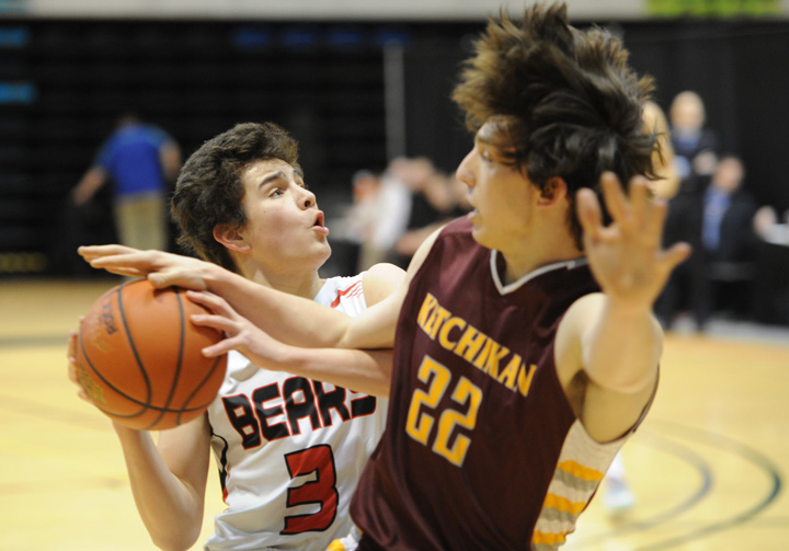 JDHS' Treyson Ramos, left, charges Ketchikan’s Nathan Bonck.