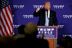 In this Oct. 22 photo, Republican presidential candidate Donald Trump delivers a speech during a campaign event in Gettysburg, Pa. Trump has warned for weeks of a “rigged” election, telling his supports to watch out for large-scale voter fraud, despite a lack of evidence that it exists. In the past few days, Trump has specifically raised concerns about people fraudulently voting using the names of dead people and cited research showing 1.8 million deceased people are still listed on state voter rolls.