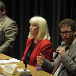Democrat Justin Parish, candidate for House District 34, speaks during Thursday night's Juneau votes forum at the University of Alaska Southeast. At left, his opponent, incumbent Rep. Cathy Muñoz, R-Juneau, waits to rebut his comments. At far left is Rep. Sam Kito III, D-Juneau, who is unopposed for re-election to House District 33.