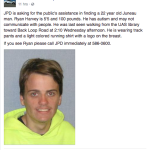 A screenshot of the Juneau Police Department's Facebook post, about missing person Ryan Harvey