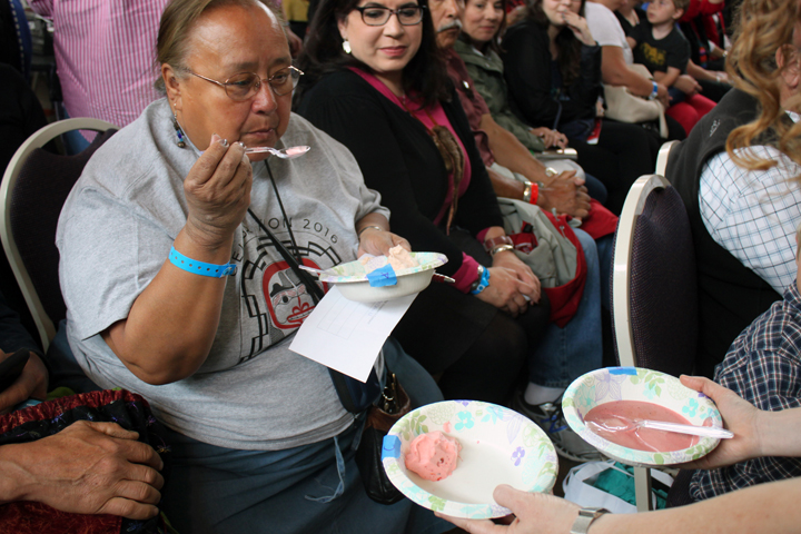 Judge Hilda MacDonald samples the three entries of the Celebration Soapberry Contest at the Juneau Arts & Culture Center Friday.