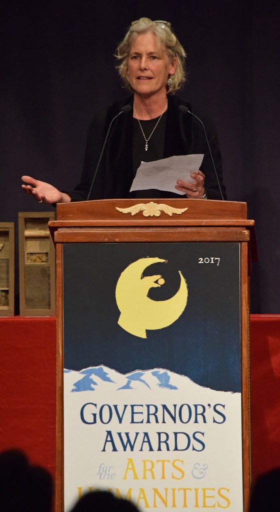 Writer Heather Lende of Haines delivers a short address after accepting a Distinguished Service to the Humanities award on Thursday night at the Juneau Arts and Culture Center during the 2017 Governor&rsquo;s Awards for the Arts and Humanities. (James Brooks | Juneau Empire)