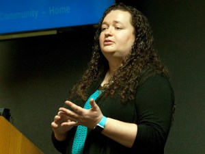 In this Jan. 18 photo, Youth Advocates of Sitka Assistant Director Jessica Clark speaks at the Sitka Chamber of Commerce luncheon at the Westmark Hotel in Sitka, Alaska. Youth Advocates of Sitka students will soon be peddling smoothies and coffee as a way to gain real life work experience. (James Poulson | Daily Sitka Sentinel)