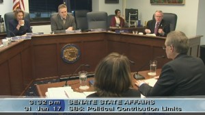 Sen. Kevin Meyer, R-Anchorage, presents to the Senate State Affairs Committee on Tuesday about Senate Bill 5, his move to restrict the ability of political action committees to raise money during the Legislative session. (Gavel Alaska photo)