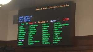 The tally board in the Alaska House of Representatives is seen Wednesday as legislators vote on the first action to reach a floor vote in the 30th Alaska Legislature. A resolution in favor of a road between King Cove and Cold Bay was approved 39-0. (James Brooks | Juneau Empire)