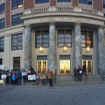 A panorama of the front of the Alaska Capitol shortly after 8 a.m. Monday shows several dozen people gathered to show support for refugees and immigrants. The first gathering, last week, attracted just fewer than 100 people. In an hour and a half, organizers collected 166 signatures asking Gov. Bill Walker to speak out against President Donald Trump&rsquo;s executive order on immigration and refugees. (Mary Catharine Martin | Juneau Empire)