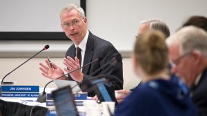 University of Alaska President Jim Johnsen makes his presentation to the university&rsquo;s Board of Regents at the UAS Recreation Center on Sept. 15, 2016. (Michael Penn | Juneau Empire File)