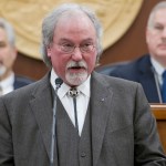 Alaska Supreme Court Chief Justice Craig Stowers speaks during his State of the Judiciary address before a joint session of the Alaska Legislature at the Capitol on Wednesday. Senate President Pete Kelly, R-Fairbanks, left, and Speaker of the House Bryce Edgmon, D-Dillingham, watch from the Speakers desk in the background. (Michael Penn | Juneau Empire)