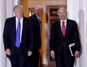 In this Nov. 19, 2016 file photo, then-President-elect Donald Trump walks Labor Secretary-designate Andy Puzder from Trump National Golf Club Bedminster clubhouse in Bedminster, New Jersey. Puzder&rsquo;s nomination appeared to be in serious trouble Wednesday, Feb. 15, 2017, as Republicans said they were concerned over his failure to pay taxes for five years on a former housekeeper who wasn&rsquo;t authorized to work in the U.S. (Carolyn Kaster | The Associated Press file)