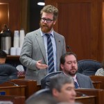 Rep. Justin Parish, D-Juneau, speaks against a resolution to allow oil drilling in the Arctic National Wildlife Refuge during a House floor sesison on Wednesday. The House voted in favor of the resolution. (Michael Penn | Juneau Empire)