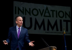 Robert Tucker gives the opening speech titled &ldquo;Innovation is Everyone&rsquo;s Business&rdquo; at the Innovation Summit at Centennial Hall on Wednesday. The summit is a two-day conference bringing entrepreneurs together sponsored by the Juneau Economic Development Council. Tucker is president of The Innovation Resource and a former adjunct professor at the University of California, Los Angeles.