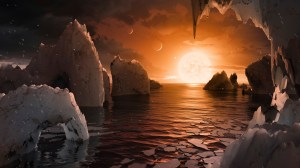 This image provided by NASA/JPL-Caltech shows an artist&rsquo;s conception of what the surface of the exoplanet TRAPPIST-1f may look like, based on available data about its diameter, mass and distances from the host star. The planets circle tightly around a dim dwarf star called Trappist-1, barely the size of Jupiter. Three are in the so-called habitable zone, where liquid water and, possibly life, might exist. The others are right on the doorstep. (NASA/JPL-Caltech via the Associated Press)