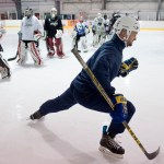 Steve Thompson, of Alaska Goaltending Academy, leads a drill for goaltenders at Treadwell Arena on Wednesday. (Michael Penn | Juneau Empire)