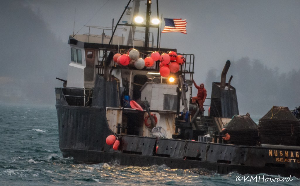 A crab boat heading out on a blustery, rainy day on Feb. 11. (Photo by Kerry Howard)