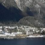 The view of the new JACC, center, from the water. Courtesy image.