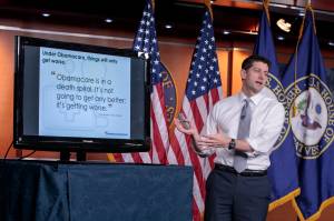 In this March 9, 2017 photo, House Speaker Paul Ryan of Wisconsin uses charts and graphs to make his case for the GOP&rsquo;s long-awaited plan to repeal and replace the Affordable Care Act during a news conference on Capitol Hill in Washington. Republicans pushing a plan to dismantle Barack Obama&rsquo;s health care law are bracing for a Congressional Budget Office analysis widely expected to conclude that fewer Americans will have health coverage under the proposal, despite President Donald Trump&rsquo;s promise of &ldquo;insurance for everybody.&rdquo; (J. Scott Applewhite | The Associated Press)