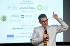 Rorie Watt, City Manager for the City and Borough of Juneau, speaks to the Juneau Chamber of Commerce at the Hangar Ballroom on Thursday. (Michael Penn | Juneau Empire)