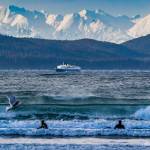 Intrepid surfers wait for the next big wave at Lena Cove on March 7. (Photo by Kerry Howard)