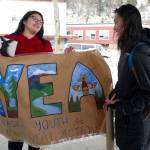 Kailyn Phillips, left, of Utqiagvik, and Tasha Elizarde, of Juneau, meet with high school teens from across the state, from Utqiagvik to Ketchikan, to hold a March for Salmon as the culmination of this year&rsquo;s Civics and Conservation Summit in Juneau, on Friday, March 17, 2017. The event is hosted by Alaska Youth for Environmental Action, a program of The Alaska Center in Anchorage, which trains young people to be environmental leaders. (Michael Penn | Juneau Empire)