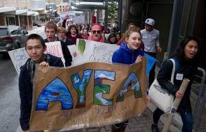 Nineteen high school teens from across the state, from Utqiagvik to Ketchikan, hold a March for Salmon as the culmination of this year&rsquo;s Civics and Conservation Summit in Juneau, on Friday, March 17, 2017. The event is hosted by Alaska Youth for Environmental Action, a program of The Alaska Center in Anchorage, which trains young people to be environmental leaders. (Michael Penn | Juneau Empire)
