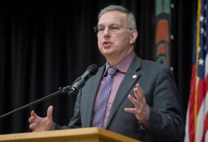 Speaker of the House Bryce Edgmon, D-Dillingham, speaks at the Native Issues Forum in the Elizabeth Peratrovich Hall on Thursday, March 30, 2017. The event is hosted by Central Council of the Tlingit and Haida Indian Tribes of Alaska. (Michael Penn | Juneau Empire)