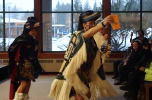 During the first annual University of Alaska Southeast spring arts showcase, Raven the trickster, to much laughter, made off with many audience members&rsquo; possessions &mdash; cell phones, cameras, jackets, hats, and even a little girl. (All was returned after that dance.) (Mary Catharine Martin | Capital City Weekly)
