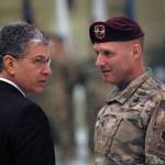 Maj. Gen. Bryan Owens, Commanding General of U.S. Army Alaska, speaks with Anchorage Mayor Ethan Berkowitz during a change of command ceremony for the Army&rsquo;s 4th Brigade Combat Team (Airborne), 25th Infantry Division on Friday, March 24, 2017 on Joint Base Elmendorf Richardson. During the ceremony, Col. Paul Larson took command from Col. Scott Green, who had led the brigade since 2014. (Star photo by Matt Tunseth)