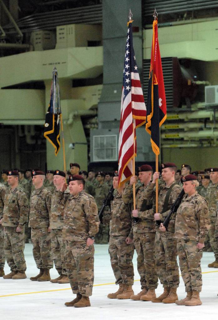 Paratroopers with the Army&rsquo;s 4th Brigade Combat Team (Airborne), 25th Infantry Division stand at attention during a change of command ceremony Friday, March 24, 2017 on Joint Base Elmendorf Richardson. (Star photo by Matt Tunseth)