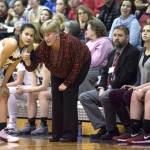 Juneau-Douglas&rsquo; head coach Lesslie Knight gives advice to Alyxn Bohulano against Ketchikan during the Region V Basketball finals at JDHS on Friday, March 10, 2017. Ketchikan won 41-39 to force a playoff game on Saturday. (Michael Penn | Juneau Empire File)