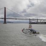 Coast Guard Cutter John F. McCormick (WPC 1121) crew transits through the San Francisco Bay on March 4, 2017, during their voyage to homeport in Ketchikan. The cutter was named after McCormick who received the Gold Lifesaving Medal in 1938 for his exceptional skill in maintaining control of the 52-foot motor lifeboat Triumph while responding to a vessel in need near the Columbia River Bar under treacherous conditions, allowing the crew to recover a crewmember that had been washed overseas. (Coast Guard photo | Petty Officer 2nd Class Loumania Stewart)