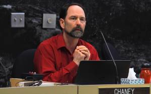 Lands and Resources Manager Greg Chaney presents to the CBJ Assembly on Monday about moving forward with the Pederson Hill subdivision. The Assembly approved a motion granting Chaney&rsquo;s staff permission to begin designing the subdivision. (Alex McCarthy | Juneau Empire)