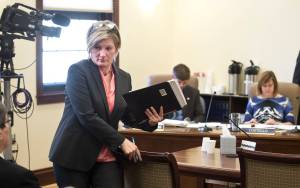 Jahna Lindemuth, Alaska Attorney General nominee, leaves the microphone after answering questions from the Senate Judiciary Committee at the Capitol on Wednesday, April 12, 2017. A vote by a joint session of the legislature on Gov. Bill Walkers appointments has been delayed this week. (Michael Penn | Juneau Empire)
