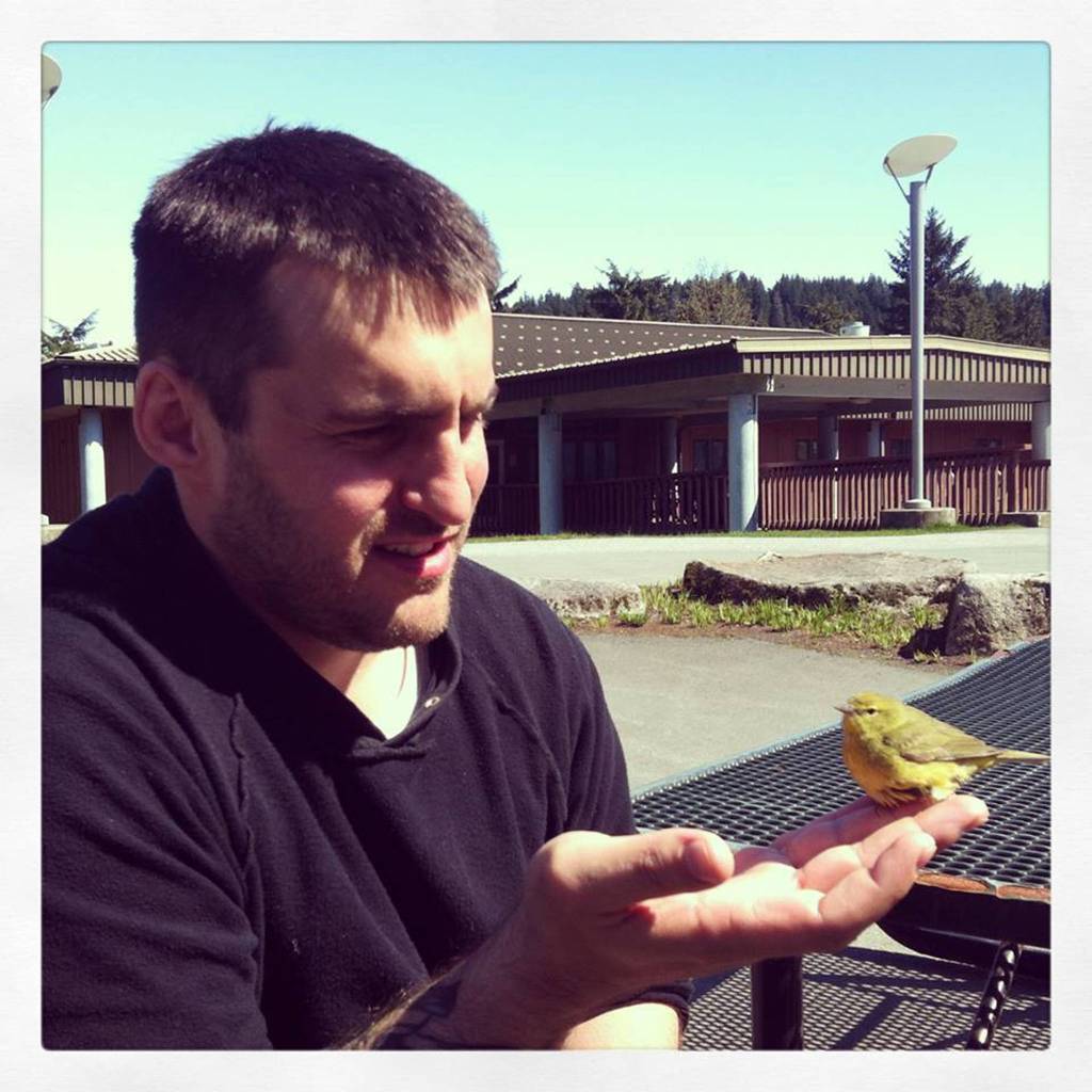 Left: Nathan Block making friends on the UAS campus.Photo courtesy of Nathan Block.  Right: Callie Conerton stands in front of Mount Juneau. Photo courtesy of Callie Conerton .