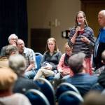 Amy Skilbred, Executive Director of the Juneau Community Foundation, and Mayor Ken Koelsch speak about fundraising for the rebuilding of Project Playground at Twin Lakes during a meeting at Centennial Hall on Tuesday, May 2, 2017. (Michael Penn | Juneau Empire)