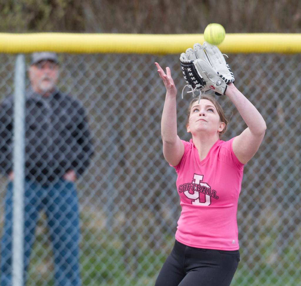 Juneau-Douglas&rsquo; left fielder Ally Ireland-Haight catches a fly ball in the second inning by Thunder Mountain at Melvin Park on Friday, May 5, 2017. (Michael Penn | Juneau Empire)