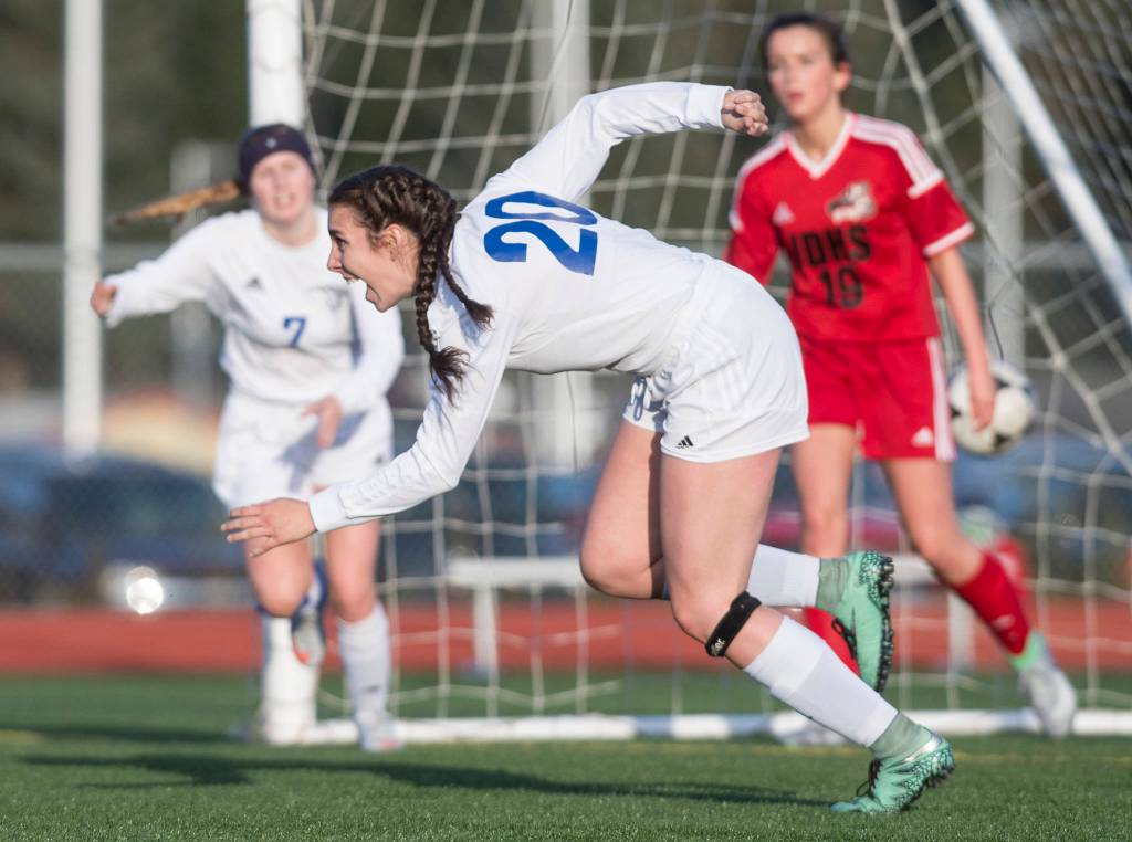 Thunder Mountain&rsquo;s Cierra McCain celebrates her score in the first half to tie the game at 1-1 against Juneau-Douglas at TMHS on Tuesday, May 9, 2017. (Michael Penn | Juneau Empire)