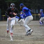 Bryan Miramontes is tagged out by Sitka&rsquo;s Vaughn Blankenship in a rundown Friday at Adair-Kennedy. (Nolin Ainsworth | Juneau Empire)