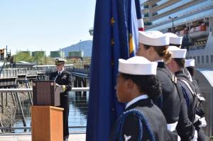 U.S.S. Commanding Officer Colby Sherwood speaks at the laying of the wreath for the U.S.S. Juneau. The vessel&rsquo;s 1942 sinking was commemorated Wednesday in downtown Juneau. (Kevin Gullufsen | Juneau Empire)