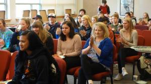 Students and faculty gather for Juneau-Douglas High School math teacher Lexie Razor&rsquo;s BP Teacher of Excellence award ceremony at JDHS, Thursday, May 18. (Nolin Ainsworth | Juneau Empire)